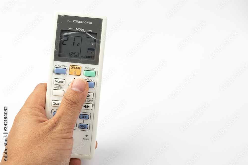 Man hand air conditioner Remote control on White background Man hand air conditioner Remote control on White background