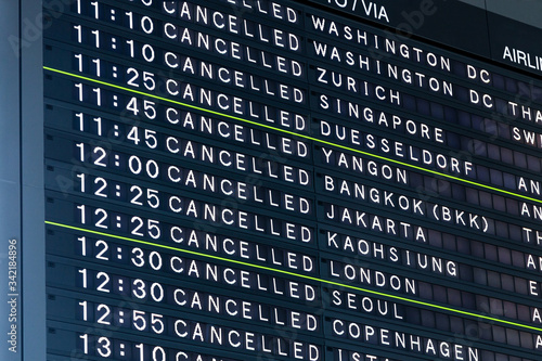 Photography Airport Flight Information Board With Cancelled Flights