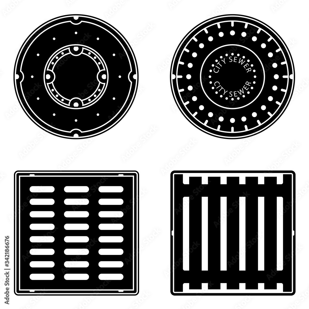 Vecteur Stock A set of vector sewer caps and grids isolated on a white background. Can represent