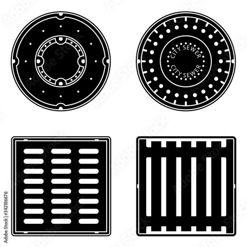 A set of vector sewer caps and grids isolated on a white background. Can represent sewage, maintenance, city services, sanitation, a manhole cover, drain, a restroom, sewers and round and square grids