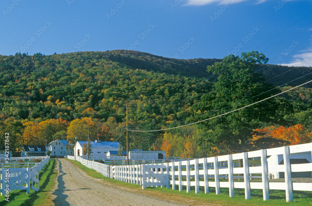 A white fence leading to a home in New Hampshire