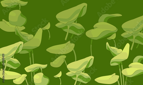 Water plant leaves on green backdrop. Waterlily  sticker set for invitation or gift card, notebook, wedding card, bath tile. Phone case or cloth print art. Minimal style stock vector illustration