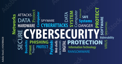 Cybersecurity Word Cloud on a Blue Background photo