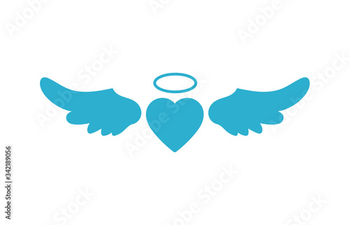 Blue heart with halo or nimbus. Wingy heart. Valentine's Day sign. Vector illustration, flat design cartoon style. Isolated on white background.