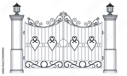 Metal iron gate, grilles, fences with ornamental antique pattern. Vector illustration