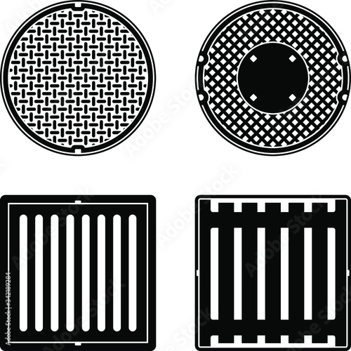 A set of vector sewer caps and grids isolated on a white background. Can represent sewage, maintenance, city services, sanitation, a manhole cover, drain, a restroom, sewers and round and square grids