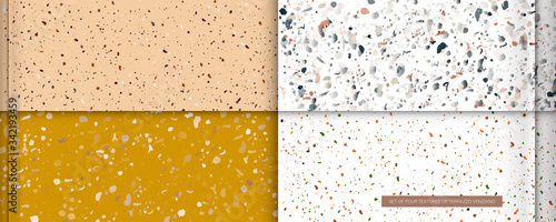 Set of four textures live coral color in the style of terrazzo venziano. Pattern for ceramics marble natural stone abstract