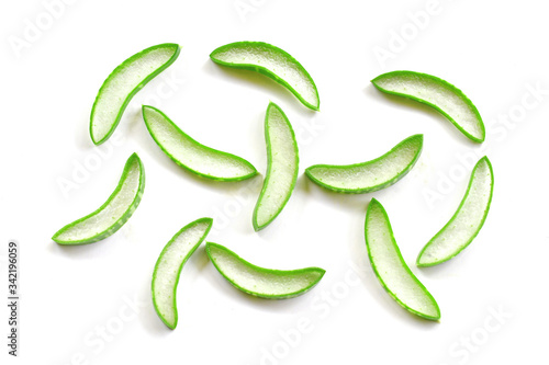 Flat lay (Top view) of Aloe vera sliced isolated on white background. Clipping path