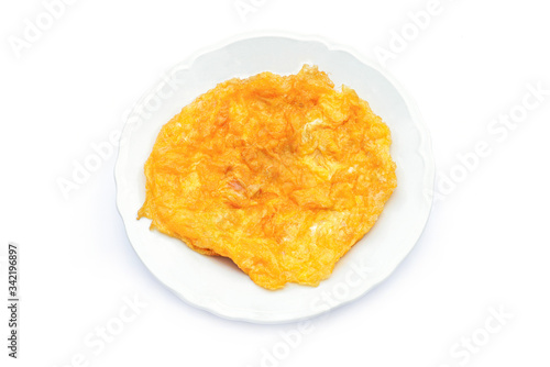 Fried egg, omelette on a white plate isolated on white background, top view
