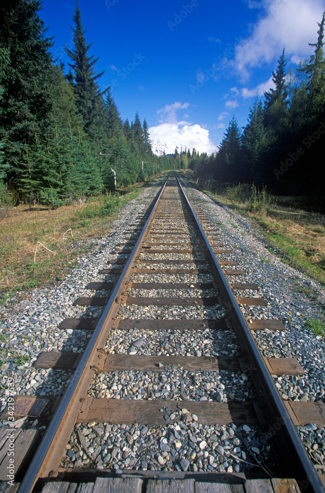 Railroad tracks leading to a snowy mountain off of Seward Highway in Kenai Peninsula, AK