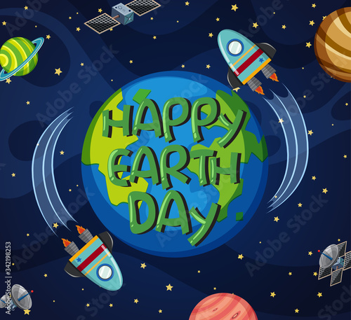 Fototapeta Naklejka Na Ścianę i Meble -  Poster design for happy earth day with spaceship orbitting the earth