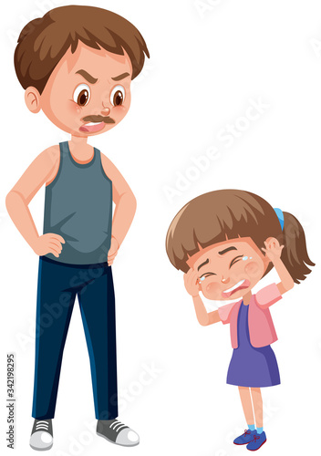 Man bullying little girl on white background