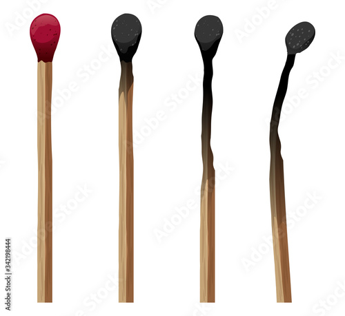 Set of matches new and burned on white background