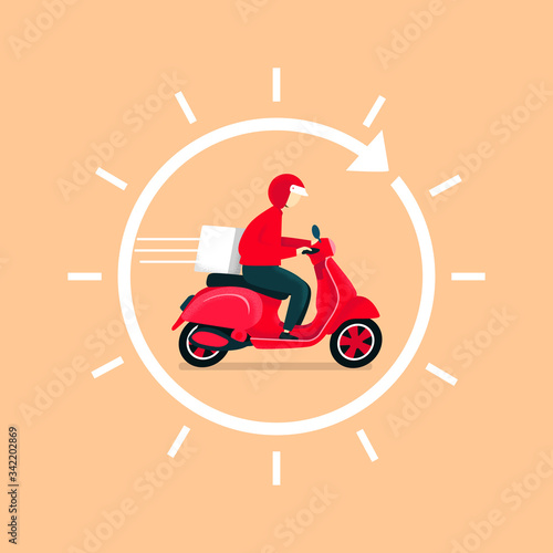Delivery man ride scooter motorcycle. Delivery 24 hours concept.