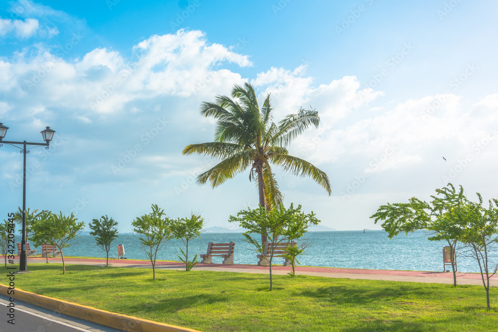 waterfront of panama rambla city on sunny day with blue sky and sea