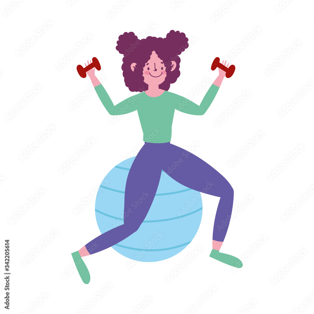 girl practicing with fitness ball and dumbbell isolated icon white background girl practicing with fitness ball and dumbbell isolated icon white background