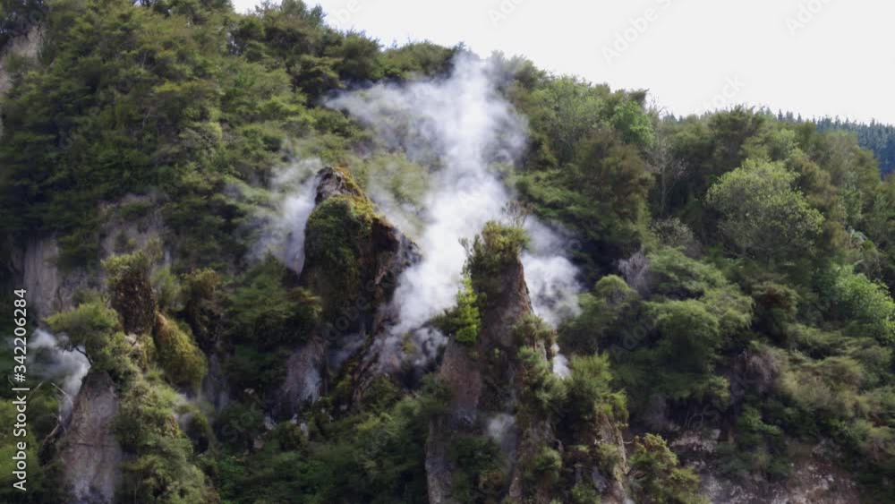 Steam billows out of fumaroles. Static tight shot at Geothermic Waimangu Volcanic Valley, Rotorua, New Zealand Steam billows out of fumaroles. Static tight shot at Geothermic Waimangu Volcanic Valley, Rotorua, New Zealand