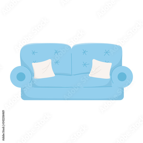 blue sofa and cushions furniture decoration isolated icon on white background