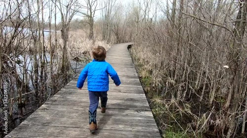 A Cute Kid Running Along The Old Wooden Walkways Beside A Lake In Crosswinds Marsh, Monroe County Michigan Surrounded With Withered Trees Under The Bright Sky - Wide Shot photo