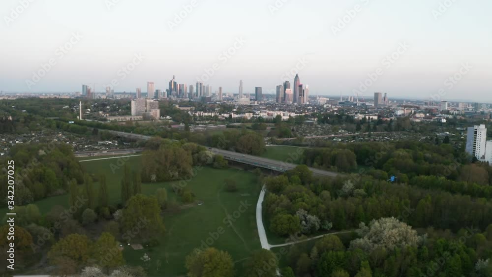 Slow pan with the skyline of Frankfurt in the background far away Slow pan with the skyline of Frankfurt in the background far away