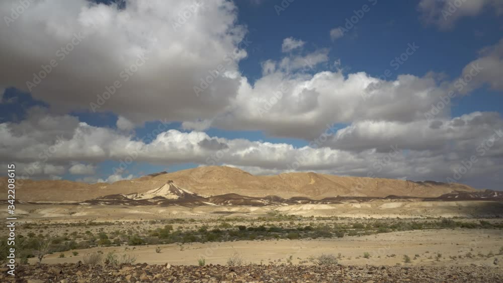 Israel Makhtesh Ramon crater in Negev desert landscape, dry arid land on cloudy day