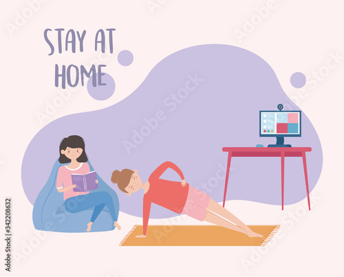 stay at home, girl reading book and woman practicing exercises
