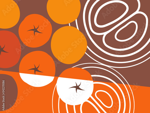 Abstract vegetable design in flat cut out style. Cherry tomatoes, onion rings. Vector illustration.