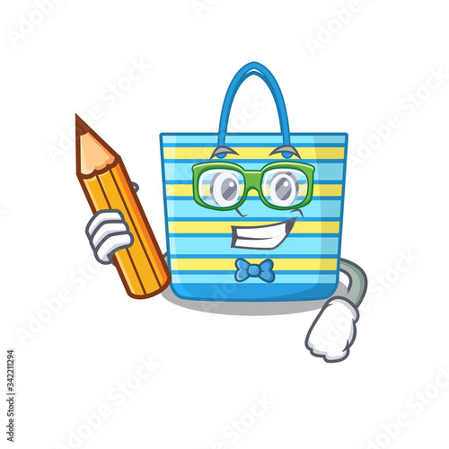 A brainy student beach bag cartoon character with pencil and glasses