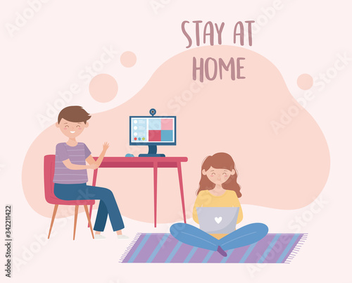 stay at home, boy in online meeting with computer and girl using laptop