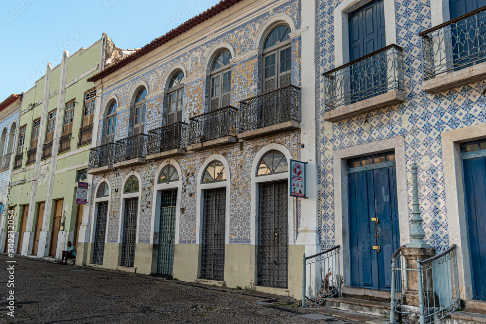 São Luis, Maranhão, Brazil on August 6, 2016. Old facade of the buildings in the historic center, with windows, doors and tiles from the Brazilian colonial period