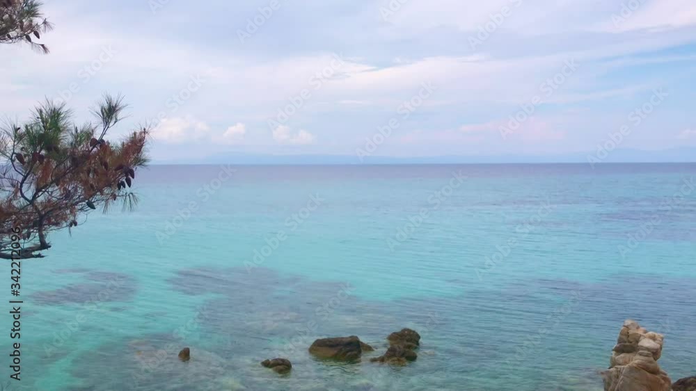 Panoramic view on azure Mediterranean tropics and transparent sea from left to right in 4k Panoramic view on azure Mediterranean tropics and transparent sea from left to right in 4k