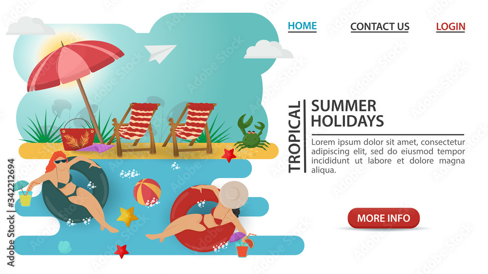 Obraz premium web page design concept summer vacation two girls in swimsuits swim on inflatable circles on a sandy beach flat vector illustration cartoon