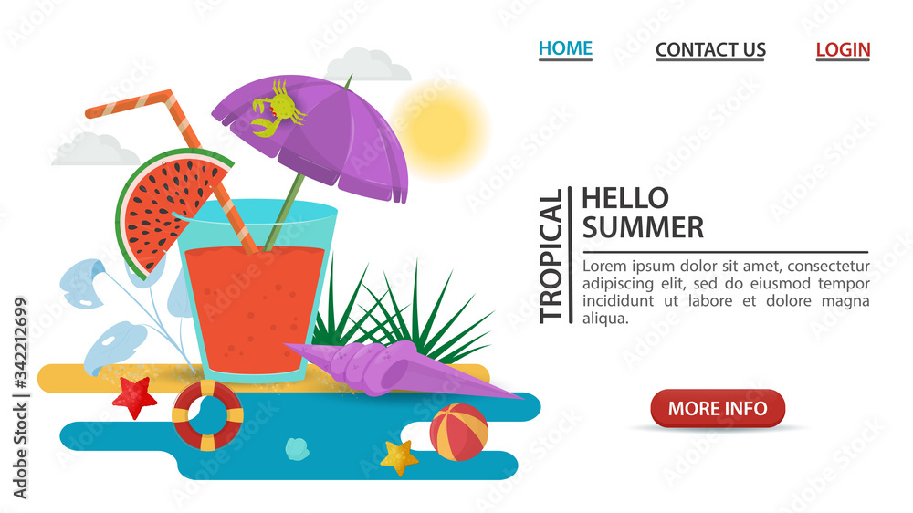 web page design concept summer vacation a glass of juice drink with a watermelon slice and an umbrella stands on a sandy beach flat vector illustration cartoon