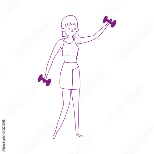 young woman lifting gym dumbbell isolated icon white background