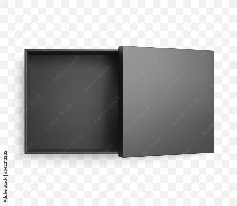Realistic half open square black box and lid with shadow. Top view vector mockup.