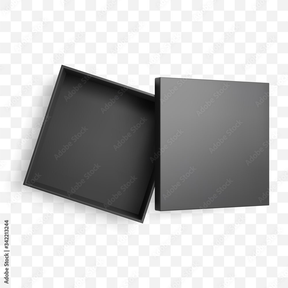 Realistic half open square black box and lid with shadow. Top view ...