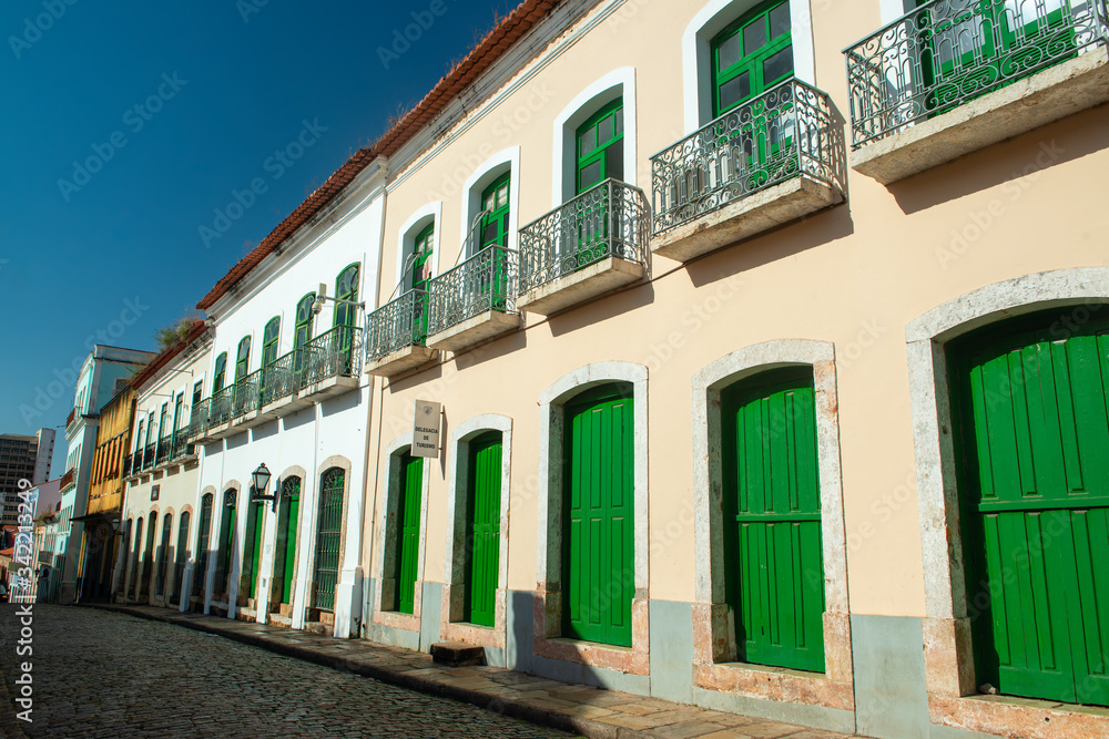 São Luis, Maranhão, Brazil on August 6, 2016. Old facade of the buildings in the historic center, with windows, doors and tiles from the Brazilian colonial period