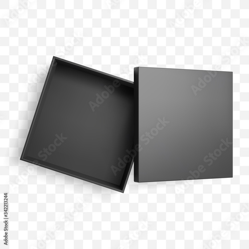 Realistic half open square black box and lid with shadow. Top view vector mockup.
