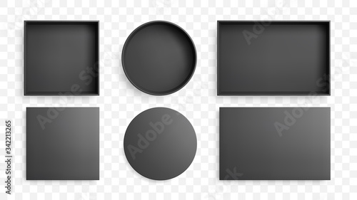 Realistic open black box and lid with shadow. Top view vector mockup.