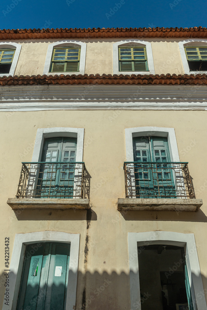 São Luis, Maranhão, Brazil on August 6, 2016. Old facade of the buildings in the historic center, with windows, doors and tiles from the Brazilian colonial period