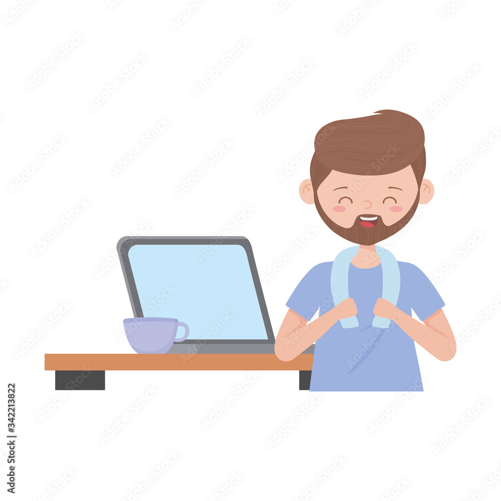 stay at home, bearded man with laptop and coffee cup isolated icon stay at home, bearded man with laptop and coffee cup isolated icon