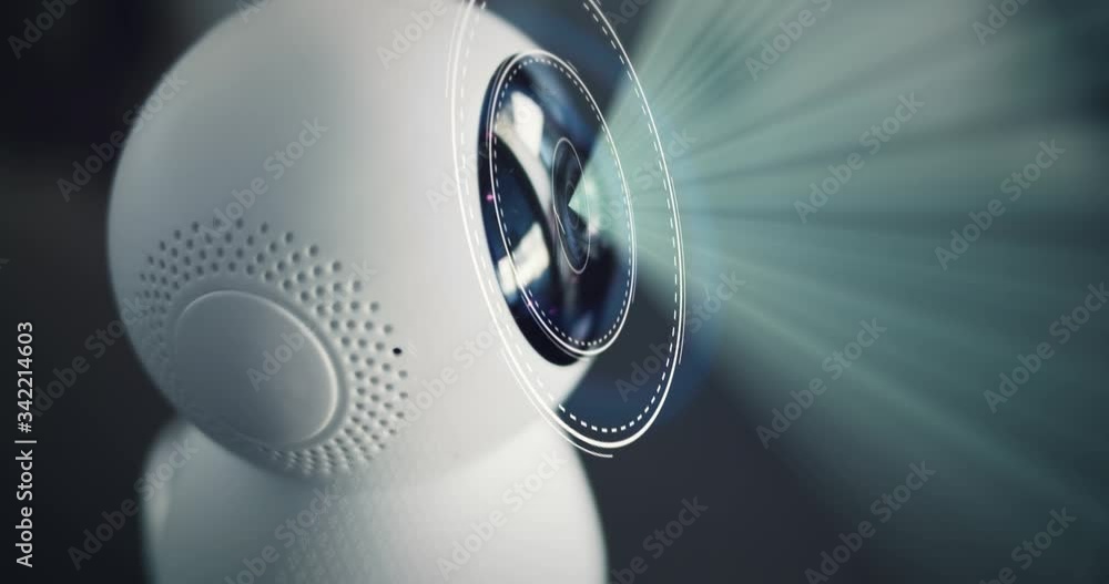 Robot home futuristic security camera scans the surroundings. Digital HUD overlay.