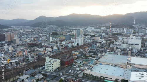 Shiga city of Ishiyama, Aerial establishing shot at sunset, Japan photo