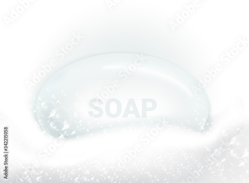 Soap bar with foam and bubbles isolated vector illustration on white background. Soap foam for lather. Vector illustration.