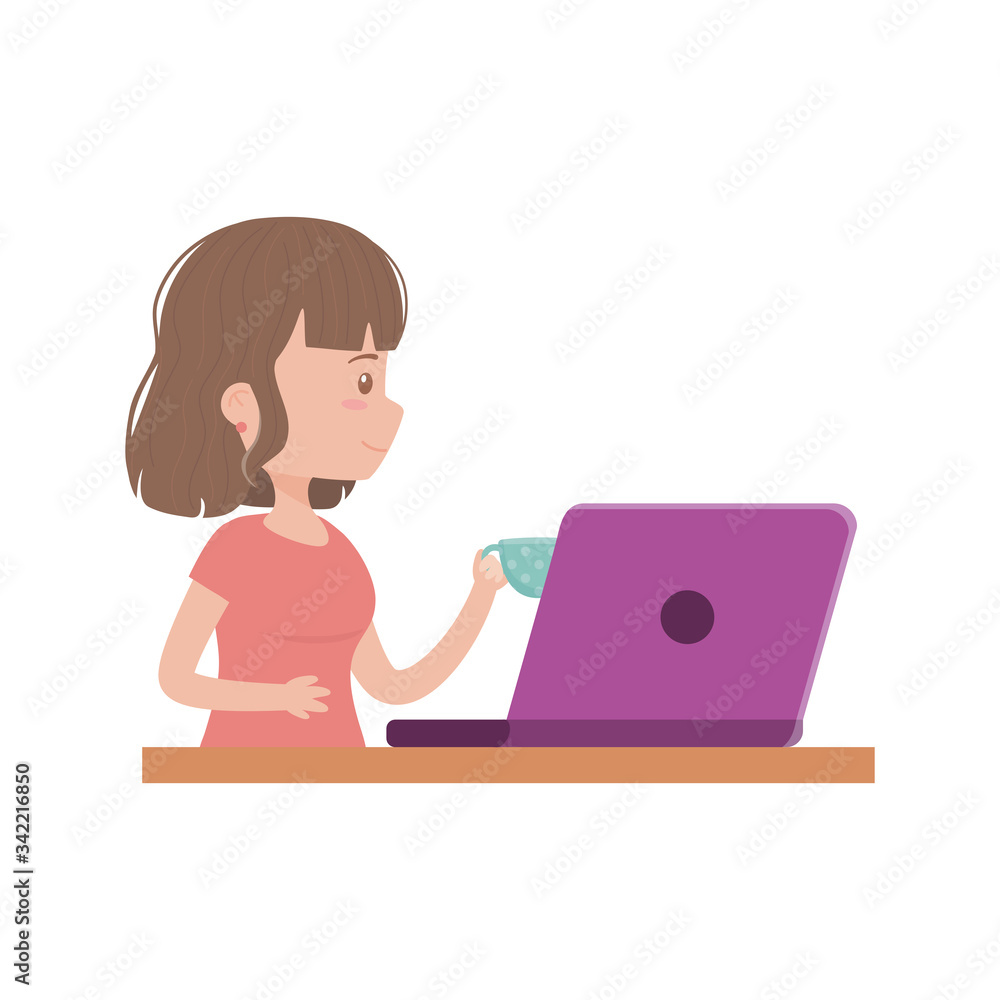 stay at home, young women working with laptop and coffee cup stay at home, young women working with laptop and coffee cup