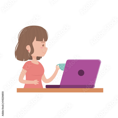 stay at home, young women working with laptop and coffee cup © Stockgiu