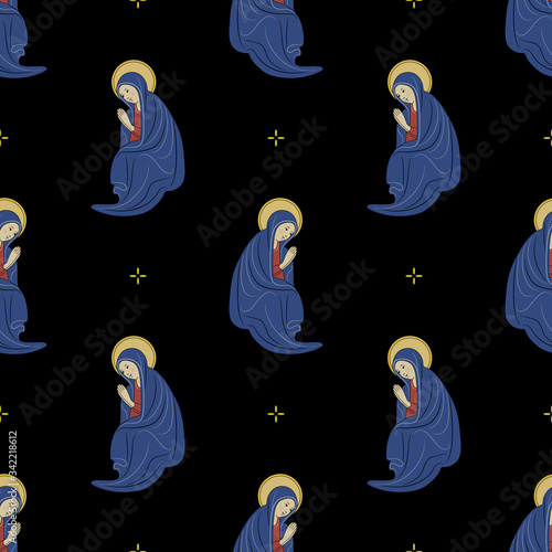 Seamless pattern with silhouettes of praying Virgin Mary. Christian motif.