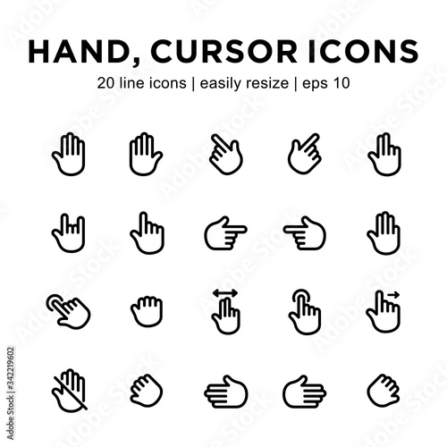 set of hand cursor line icons, containing touch, slide, drag, move, drop and other icons with a white background.