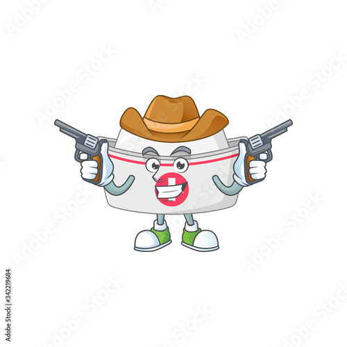 A cowboy cartoon character of nurse hat holding guns