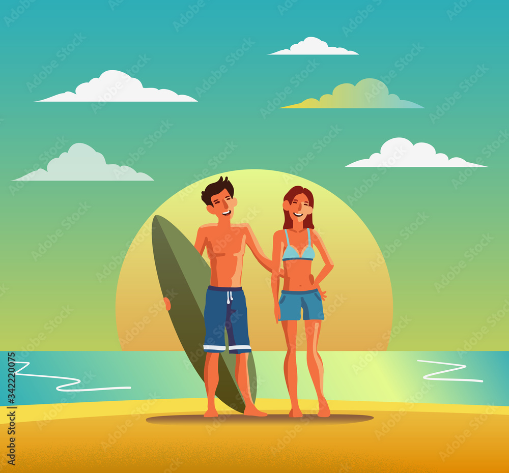 Smiling, happy, young couple with surfboard on beach. Travel, vacation, holidays and adventure vector concept illustration. Beach sunset background. Poster design style